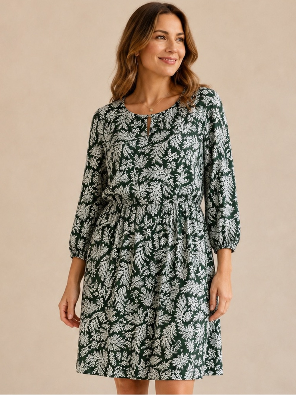 Old Navy Green Floral Dress Large 3/4 Sleeve Rayon Cottagecore